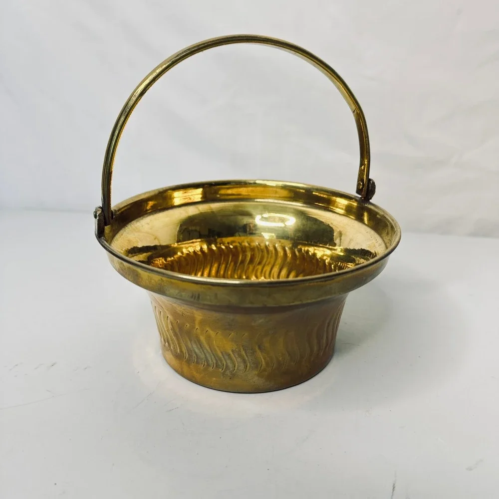 Vintage Brass Basket Bowl with Handle Made in India Fluted Embossed Decorative